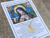 Fertility Saint Colette of Corbie Small Gold Antique Replica Medal and Necklace, By French Artists Penin & Karo, 2-sided Medallion Charm