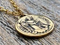Antiqued Shiny Gold St Michael Medallion Necklace, Antique Replica French Saint Michael the Archangel, Saint Michel from France, By PCH