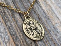 Antiqued Shiny Gold St Michael Medallion Necklace, Antique Replica French Saint Michael the Archangel, Saint Michel from France, By PCH