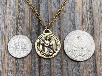 Antiqued Shiny Gold St Michael Medallion Necklace, Antique Replica French Saint Michael the Archangel, Saint Michel from France, By PCH
