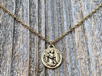Antiqued Shiny Gold St Michael Medallion Necklace, Antique Replica French Saint Michael the Archangel, Saint Michel from France, By PCH