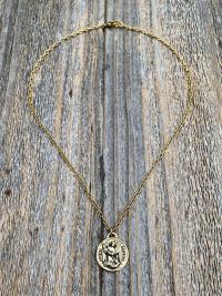 Antiqued Shiny Gold St Michael Medallion Necklace, Antique Replica French Saint Michael the Archangel, Saint Michel from France, By PCH