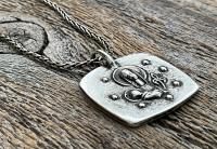 Sterling Silver Mother Mary and Baby Jesus Medallion Necklace, Antique Replica French Artist Elie Pellegrin Smaller Medal with Fleur de Lis