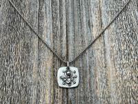 Sterling Silver Mother Mary and Baby Jesus Medallion Necklace, Antique Replica French Artist Elie Pellegrin Smaller Medal with Fleur de Lis