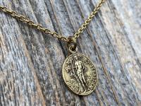 Antiqued Gold Saint Sebastian Medal Necklace, Patron Saint Athletes Soldiers, Antique Replica of Rare French St Sebastien Medallion Pendant