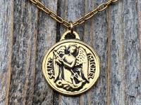 Antiqued Shiny Gold St Michael Medallion Necklace, Antique Replica French Saint Michael the Archangel, Saint Michel from France, By PCH