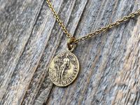 Antiqued Gold Saint Sebastian Medal Necklace, Patron Saint Athletes Soldiers, Antique Replica of Rare French St Sebastien Medallion Pendant