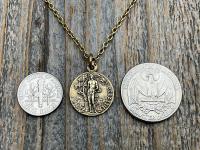 Antiqued Gold Saint Sebastian Medal Necklace, Patron Saint Athletes Soldiers, Antique Replica of Rare French St Sebastien Medallion Pendant
