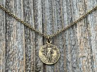 Antiqued Gold Saint Sebastian Medal Necklace, Patron Saint Athletes Soldiers, Antique Replica of Rare French St Sebastien Medallion Pendant