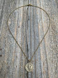 Antiqued Gold Saint Sebastian Medal Necklace, Patron Saint Athletes Soldiers, Antique Replica of Rare French St Sebastien Medallion Pendant