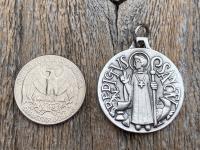 Sterling Silver Large French St Benedict Medal Pendant Necklace, Antique Replica of Artist JB Medallion, Big Holy Father Saint Benedicti