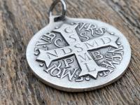 Sterling Silver Large French St Benedict Medal Pendant Necklace, Antique Replica of Artist JB Medallion, Big Holy Father Saint Benedicti