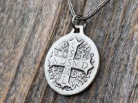 Sterling Silver Large French St Benedict Medal Pendant Necklace, Antique Replica of Artist JB Medallion, Big Holy Father Saint Benedicti