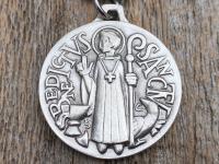 Sterling Silver Large French St Benedict Medal Pendant Necklace, Antique Replica of Artist JB Medallion, Big Holy Father Saint Benedicti