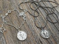 Small Antiqued or Shiny Sterling Silver St Michael Medal, Antique Replica of Rare French Medallion, Saint Michael the Archangel Pendant