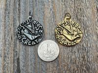 Large Come Holy Spirit Pendant, Antique Replica of Latin Veni Creator Spiritus Medallion, Come Creator Spirit, Holy Ghost Dove Round Medal