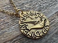Large Come Holy Spirit Pendant, Antique Replica of Latin Veni Creator Spiritus Medallion, Come Creator Spirit, Holy Ghost Dove Round Medal