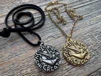 Large Come Holy Spirit Pendant, Antique Replica of Latin Veni Creator Spiritus Medallion, Come Creator Spirit, Holy Ghost Dove Round Medal