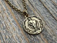 Small Antiqued or Shiny Gold Bronze St Michael Medal, Antique Replica of Rare French Medallion, Smaller Saint Michael the Archangel Pendant