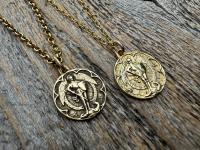 Small Antiqued or Shiny Gold Bronze St Michael Medal, Antique Replica of Rare French Medallion, Smaller Saint Michael the Archangel Pendant