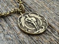 Small Antiqued or Shiny Gold Bronze St Michael Medal, Antique Replica of Rare French Medallion, Smaller Saint Michael the Archangel Pendant
