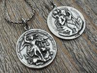 Large Sterling Silver St Michael Medal, Reverses to St Christopher, Antique Replica Medallion, Antiqued Saint Michael the Archangel Pendant