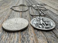 Large Sterling Silver St Michael Medal, Reverses to St Christopher, Antique Replica Medallion, Antiqued Saint Michael the Archangel Pendant