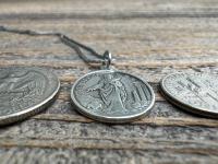 Sterling Silver St Agatha & St Lucia Medal Pendant Necklace, Antique Replica of French Medal with Latin Wording, Rare and Old Medallion Lucy