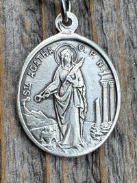 Sterling Silver St Agatha & St Lucia Medal Pendant Necklace, Antique Replica of French Medal with Latin Wording, Rare and Old Medallion Lucy