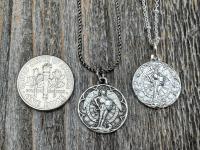 Small Antiqued or Shiny Sterling Silver St Michael Medal, Antique Replica of Rare French Medallion, Saint Michael the Archangel Pendant