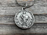 Small Antiqued or Shiny Sterling Silver St Michael Medal, Antique Replica of Rare French Medallion, Saint Michael the Archangel Pendant