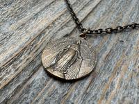 Bronze Large French Miraculous Medal, Antique Replica, Big Round Miraculous Medal, Bronze Miraculous Pendant Necklace, by OBC, from France