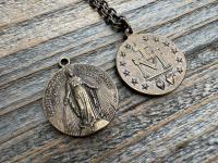 Bronze Large French Miraculous Medal, Antique Replica, Big Round Miraculous Medal, Bronze Miraculous Pendant Necklace, by OBC, from France