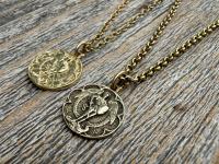 Small Antiqued or Shiny Gold Bronze St Michael Medal, Antique Replica of Rare French Medallion, Smaller Saint Michael the Archangel Pendant
