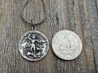 Large Sterling Silver St Michael Medal, Reverses to St Christopher, Antique Replica Medallion, Antiqued Saint Michael the Archangel Pendant