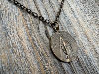 Bronze Large French Miraculous Medal, Antique Replica, Big Round Miraculous Medal, Bronze Miraculous Pendant Necklace, by OBC, from France