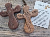 Walnut ByRon PalmCross with Engraved Crucified Christ, *Has TOP HOLE to add a cord*, Palm Comfort Cross, Hand Engraved and Artisan Handmade