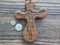 Walnut ByRon PalmCross with Engraved Crucified Christ, *Has TOP HOLE to add a cord*, Palm Comfort Cross, Hand Engraved and Artisan Handmade