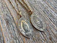 Antique Gold Immaculate Conception & Sacred Heart of Jesus French Antique Replica Medallion, Our Lady of Lourdes, Signed Penin Lyon France