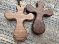 Walnut ByRon PalmCross with Engraved Crucified Christ, *Has TOP HOLE to add a cord*, Palm Comfort Cross, Hand Engraved and Artisan Handmade
