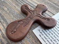 Walnut ByRon PalmCross with Engraved Crucified Christ, *Has TOP HOLE to add a cord*, Palm Comfort Cross, Hand Engraved and Artisan Handmade