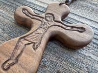 Walnut ByRon PalmCross with Engraved Crucified Christ, *Has TOP HOLE to add a cord*, Palm Comfort Cross, Hand Engraved and Artisan Handmade