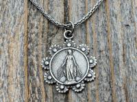 Sterling Silver Our Lady of the Rosary Antique Replica Pendant and Necklace, Notre-Dame-Du-Cap Medal, Our Lady of the Cape Shrine Notre Dame
