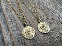 St Paraskeva (St. Paraskeve) Medallion in Antiqued Gold or Shiny Gold Bronze, Small Round Antique Replica, Orthodox Saint Paraskevi Pendant