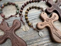 Palm Crucifix Single Decade Rosary, Walnut ByRon PalmCross with Engraved Crucified Christ, Hand Engraved and Artisan Handmade
