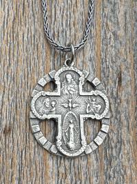 Sterling Silver 5-Way Cross Medal Necklace, Antique Reproduction Scapular, 4-Way Catholic Unisex Pendant, Sacred Heart, Miraculous Medal