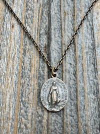 Bronze Oval French Miraculous Medal Pendant, Antique Replica of Rare Adolph Penin Signed Miraculous Medallion from France, Antiqued