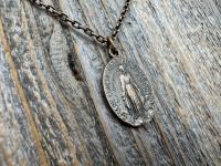 Bronze Oval French Miraculous Medal Pendant, Antique Replica of Rare Adolph Penin Signed Miraculous Medallion from France, Antiqued