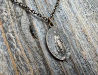 Bronze Oval French Miraculous Medal Pendant, Antique Replica of Rare Adolph Penin Signed Miraculous Medallion from France, Antiqued