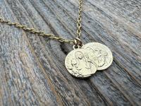 Gold St Gerard & St Colette Cluster Necklace, Patron Saints of Fertility and Expectant Mothers, Antique Replicas of French Medals Pendants